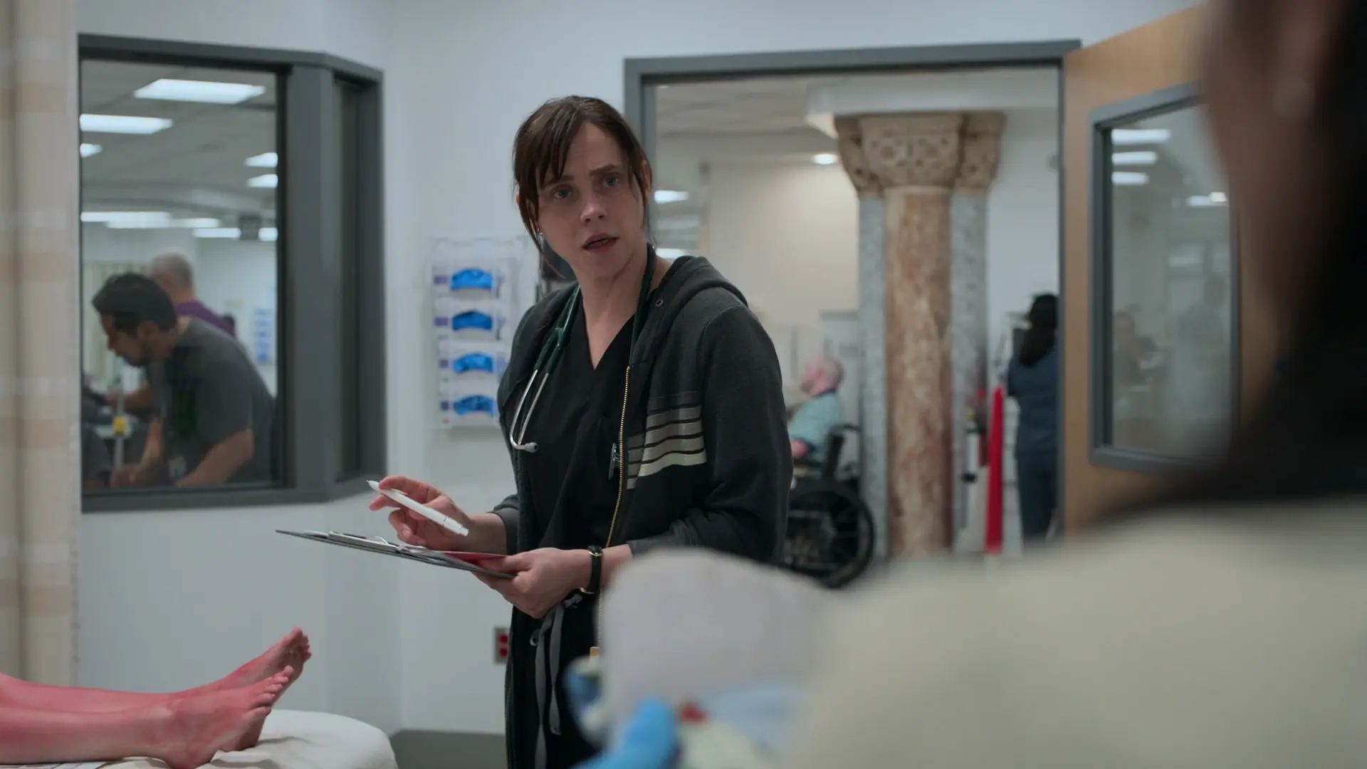 Dr. McKay abruptly leaving Ms. Stevens' bedside.