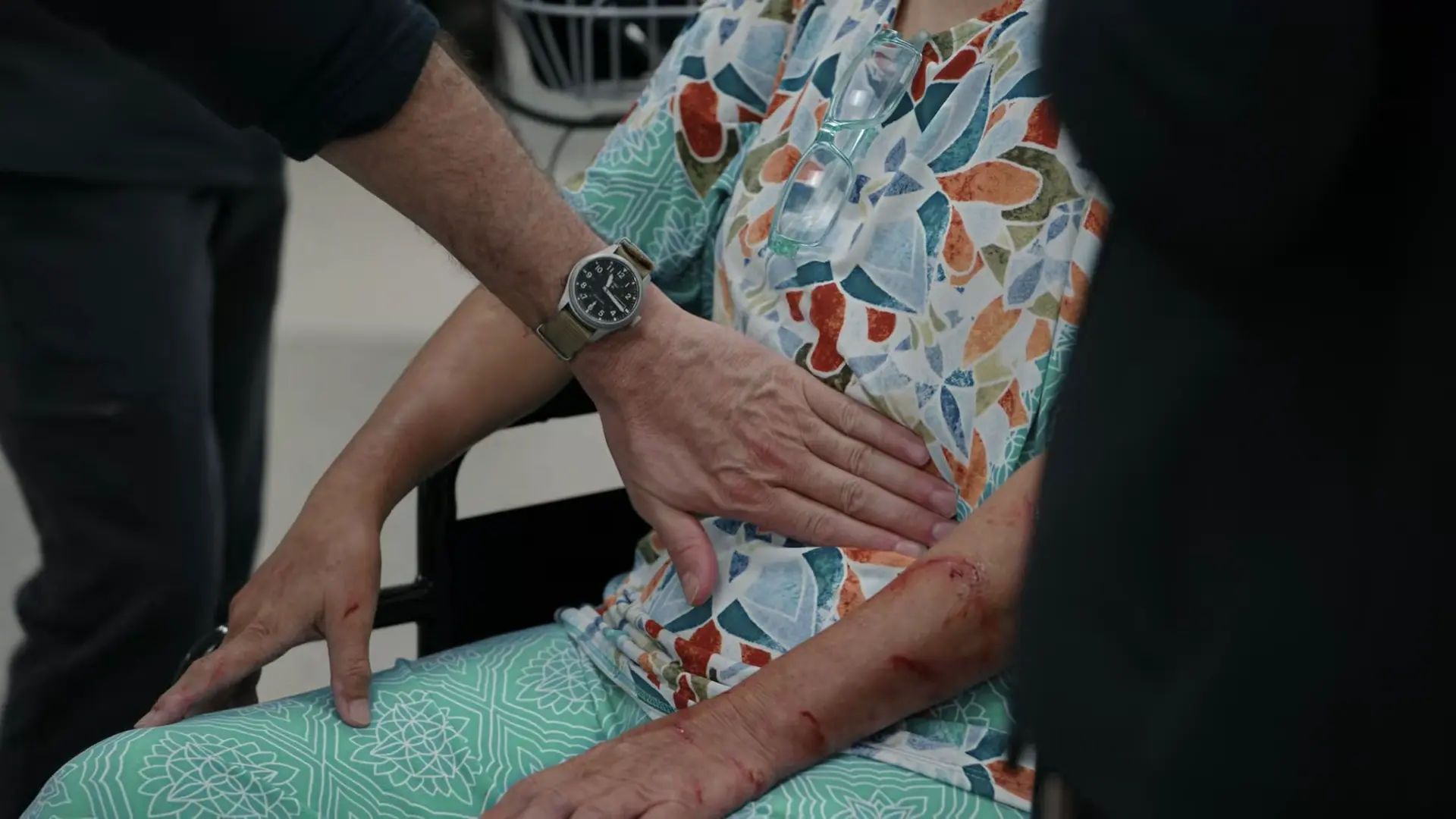 El Dr. Robbinavitch palpando el abdomen de Ginger para comprobar si hay dolor o signos de lesiones internas.