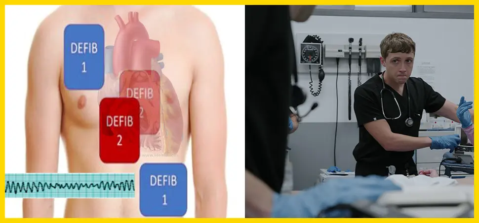 Schéma illustrant le changement de vecteur lors de la DSED, avec Whitaker et le Dr Langdon préparant un double choc séquentiel.