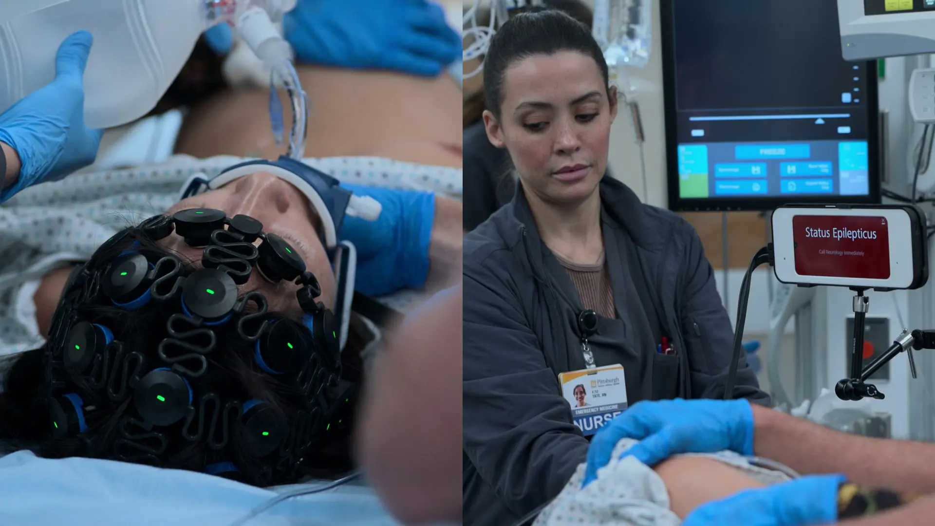 迅速装着型EEGヘッドセットを装着した患者と、「てんかん重積状態（Status Epilepticus）」のアラートを表示する接続モニター。
