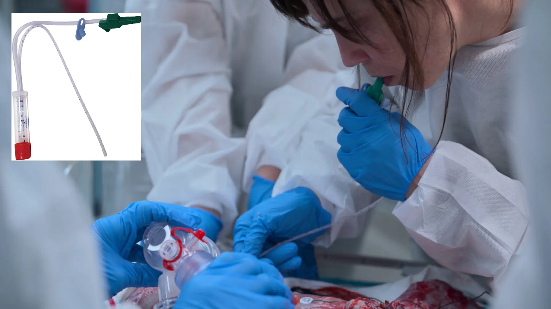 陽圧換気を行う前に、無呼吸の新生児の気道を確保するためにデリー吸引カテーテルを使用するMcKay医師。