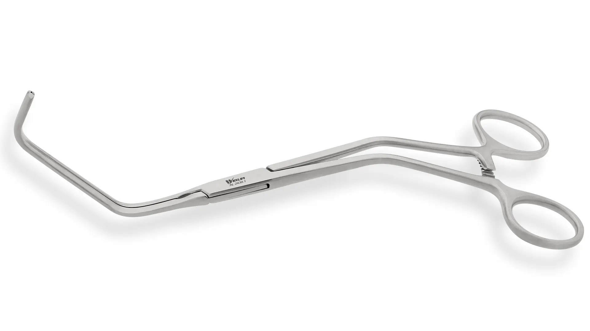 Visão aproximada de uma pinça vascular de Satinsky.