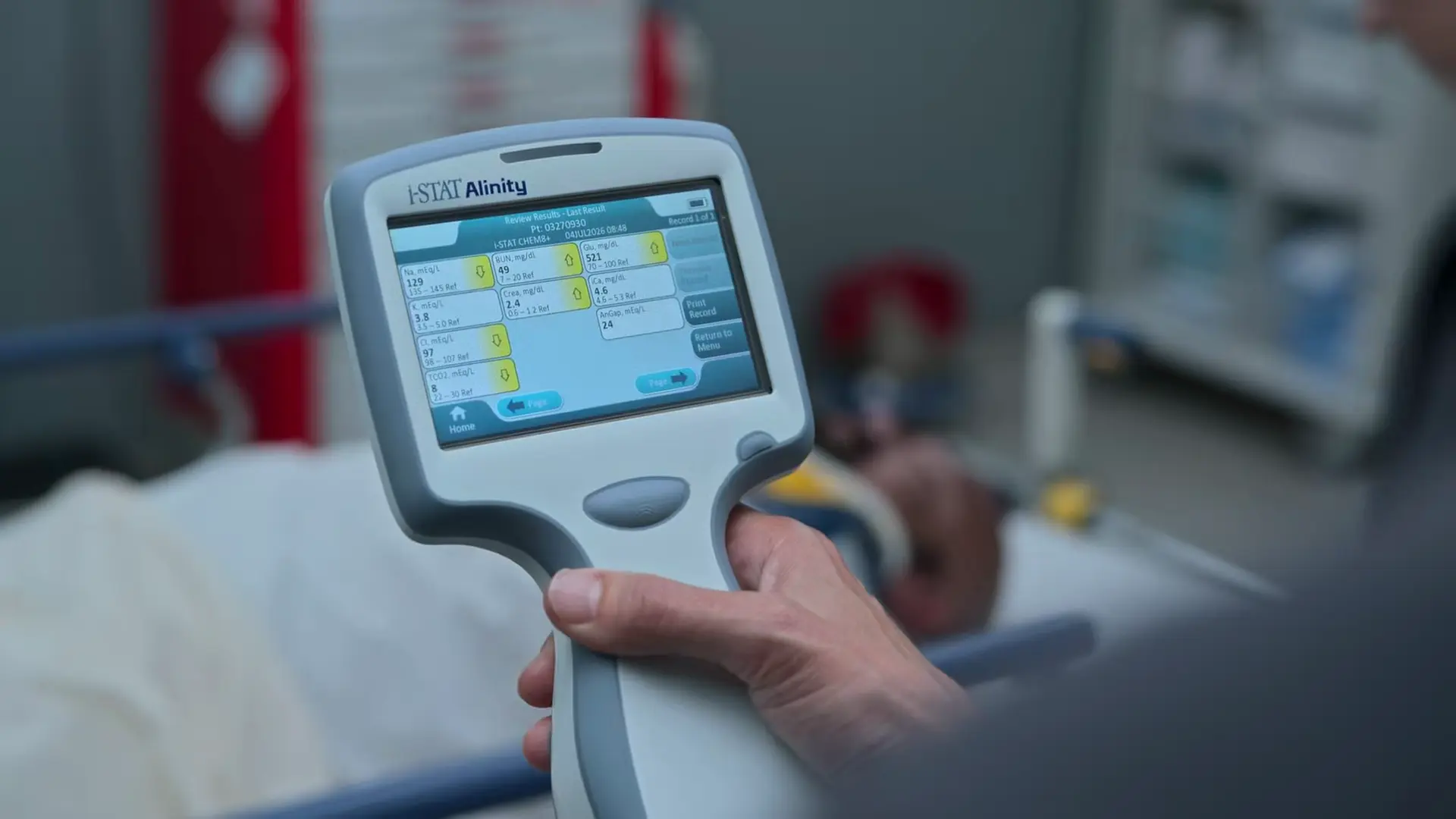 i-STAT Alinity point-of-care device displaying the patient's Chem-8+ results.