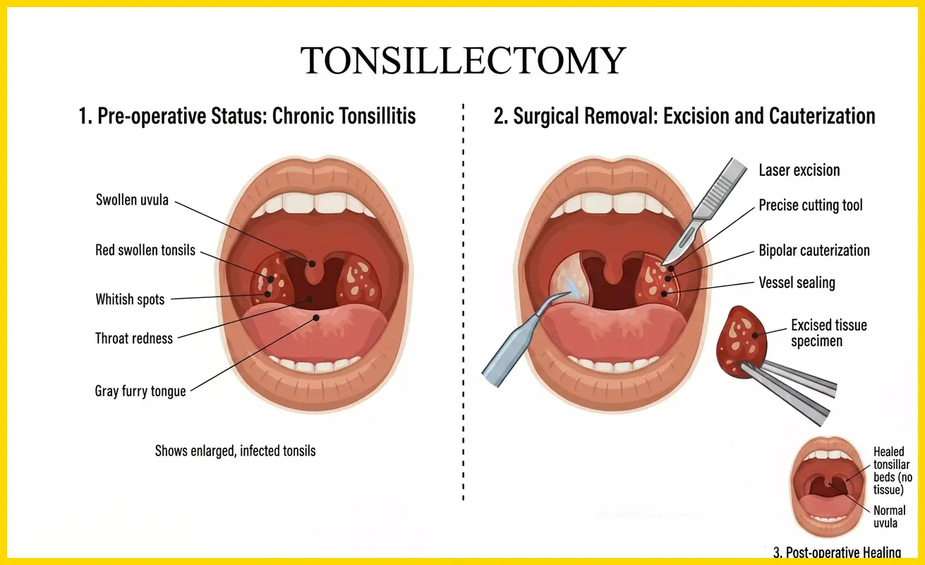 Diagramm zur Veranschaulichung einer Tonsillektomie, Vergleich einer chronischen Tonsillitis mit der chirurgischen Exzision und Gefäßkauterisation.